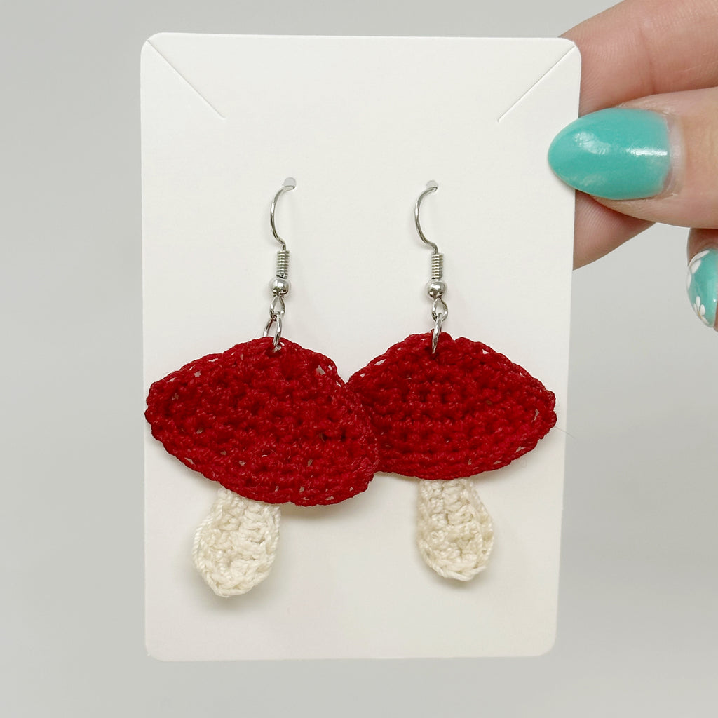Red Mushroom Drop Down Crochet Earrings