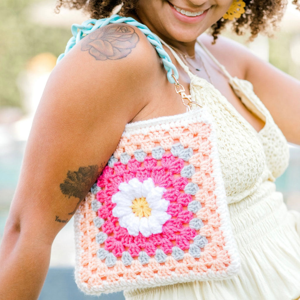 Peaches Flower Crochet Granny Square Bag
