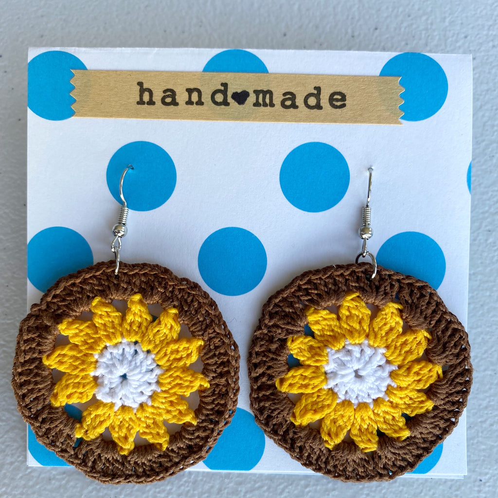 Round Yellow Flower Crochet Earrings