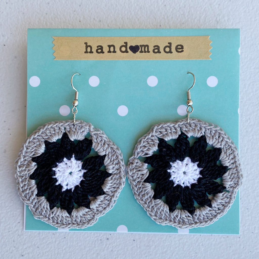 Round Black Flower Crochet Earrings