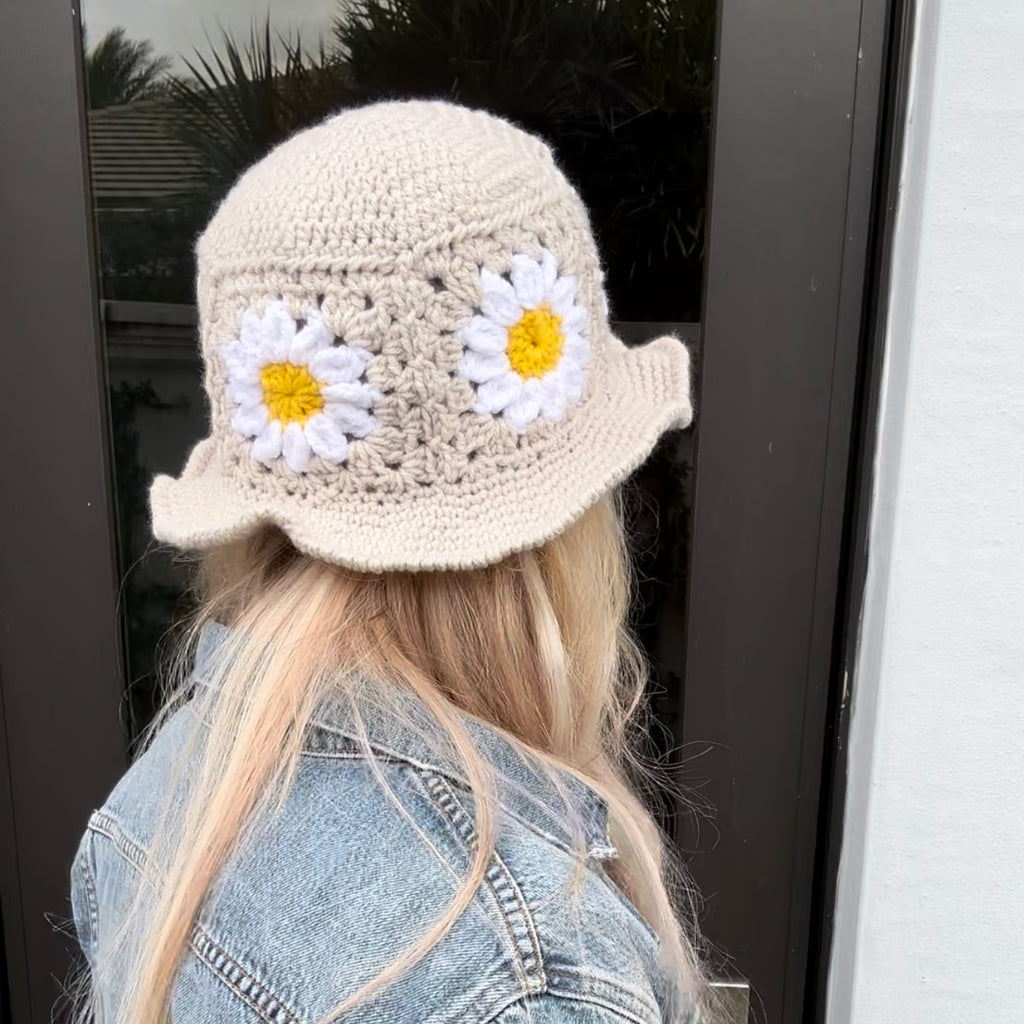 Linen Crochet Flower Bucket Hat