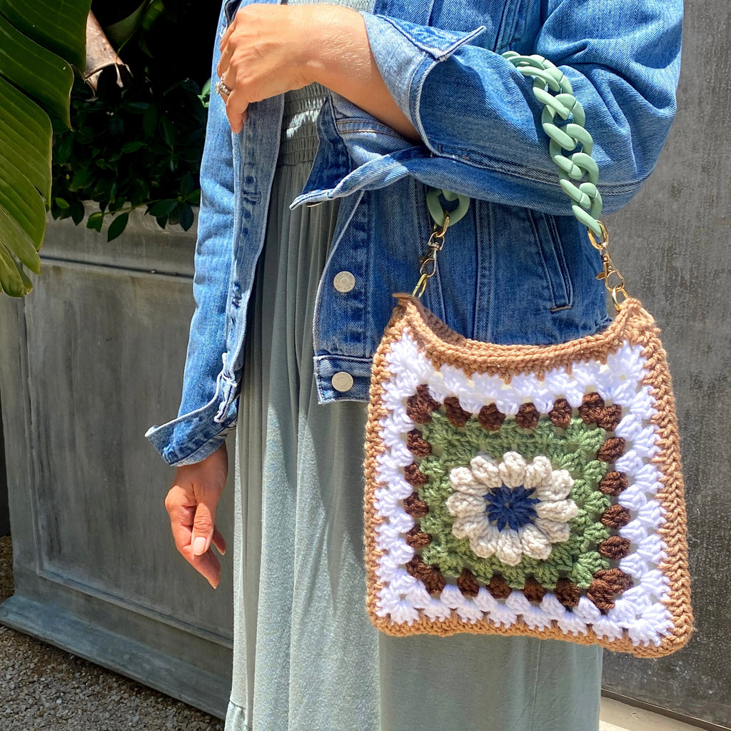 Mint Chocolate Flower Crochet Granny Square Bag