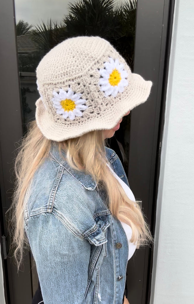Linen Crochet Flower Bucket Hat
